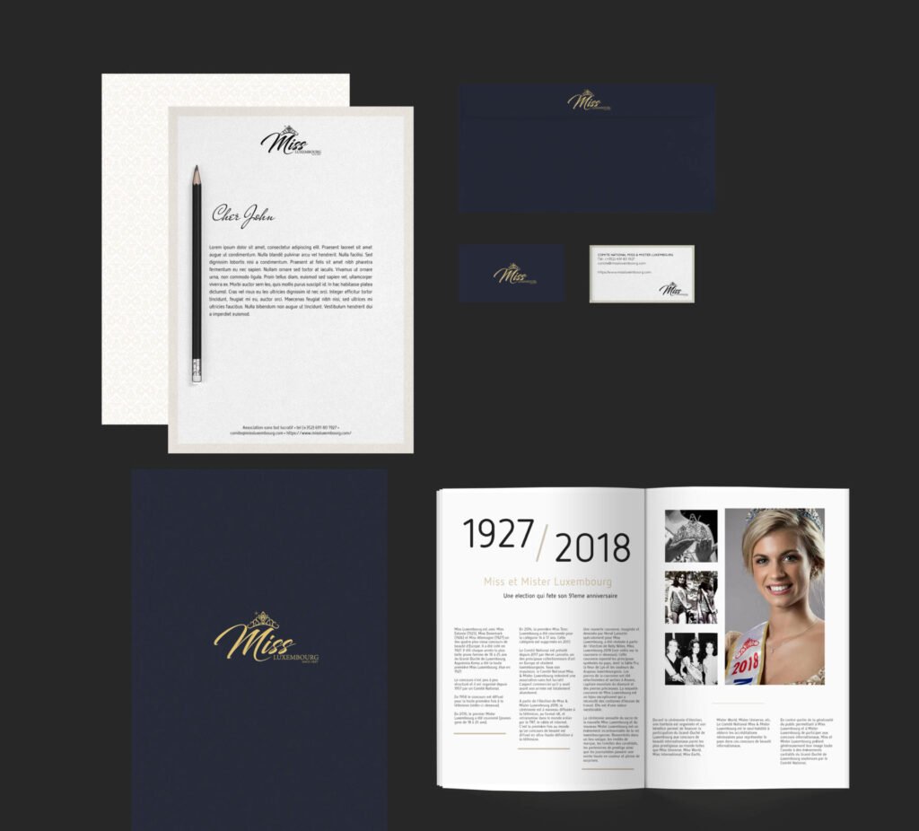 Mise en page lettre, livret enveloppe luxe, miss mister luxembourg
