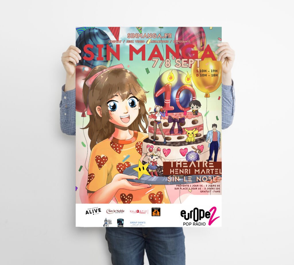 Création d'affiche evenementiel Sinmanga 2024 Sin le noble Alivecom graphiste Lille Douai Arras Manga