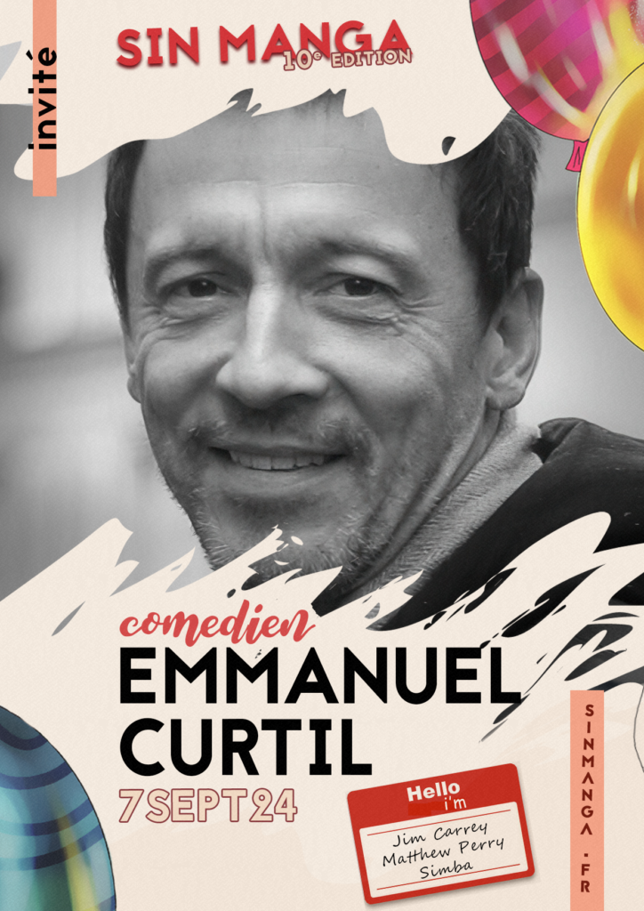 Création d'affiche evenementiel invité emmanuel curtil Jim carrey Matthew perry sonic Sinmanga 2024 Sin le noble Alivecom graphiste Lille Douai Arras Manga