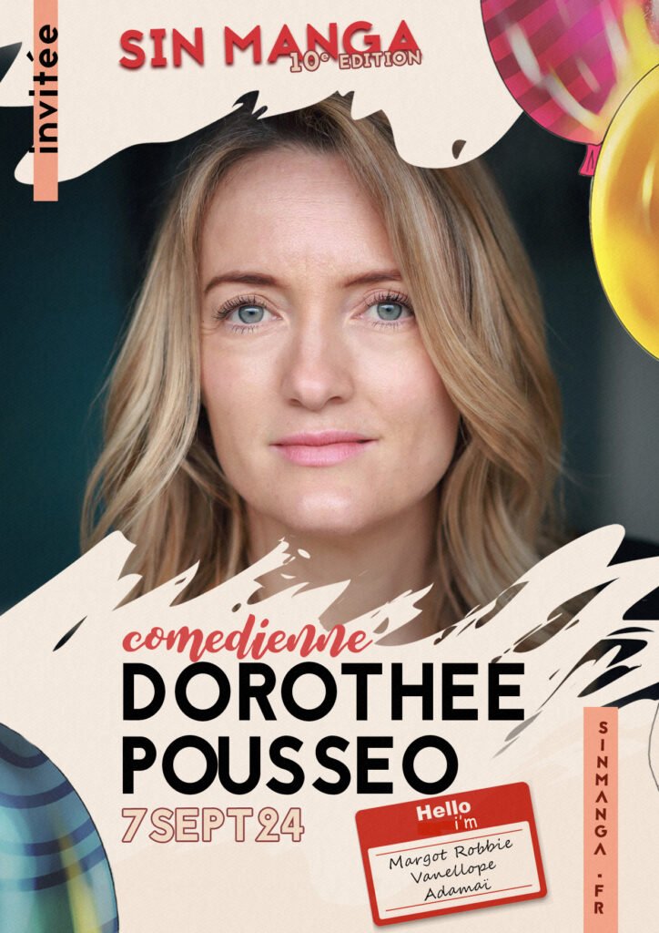 Création d'affiche evenementiel invité Dorothée Pousseo harley quinn, Vanellope, Stranger Things Sinmanga 2024 Sin le noble Alivecom graphiste Lille Douai Arras Manga